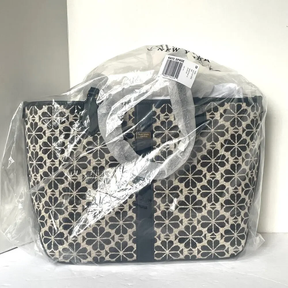 Kate Spade Black Flower Jacquard Tote Medium Leather Trim Shoulder Bag